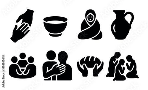 Community and care icons set – solid, silhouette, support and compassion symbols
