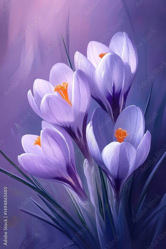 Fototapeta premium Softly lit, pale purple crocuses bloom in a cluster, their orange centers vibrant against the muted background