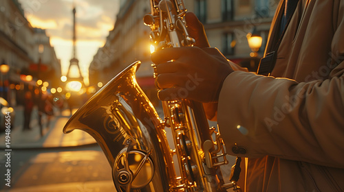Fototapeta Naklejka Na Ścianę i Meble -  Musician playing saxophone on a street of Paris during world music day on June 21 celebrated in France.