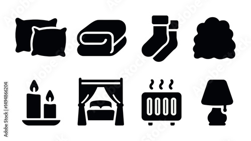 Home and living filled icons set – solid, silhouette, household decor essentials
