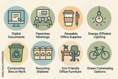 Eco-friendly office icons set – outline, green, sustainable workplace symbols
