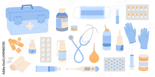 Medical set. Blisters with capsules, nasal spray, cough syrup, spray for sore throat. First aid. Flat vector isolated illustration