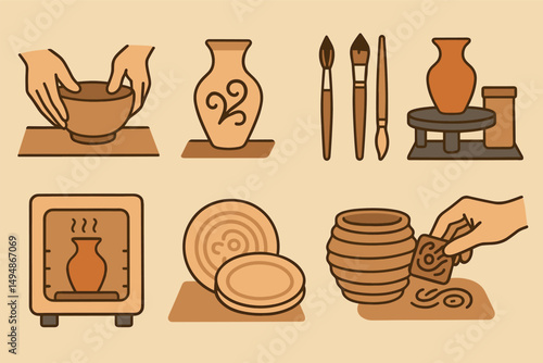 Pottery and craft outline icons set – linear, artisan, ceramic creation tools