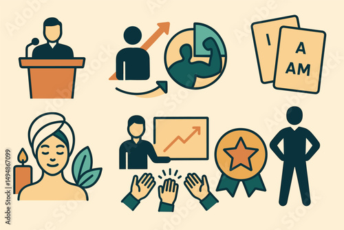 Self-improvement outline icons set – linear, growth, success and achievement symbols