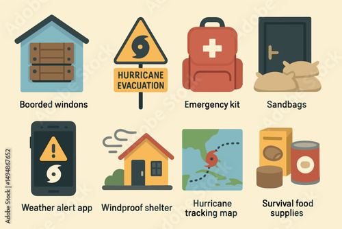 Hurricane preparedness flat icons set – emergency, safety, disaster planning tools