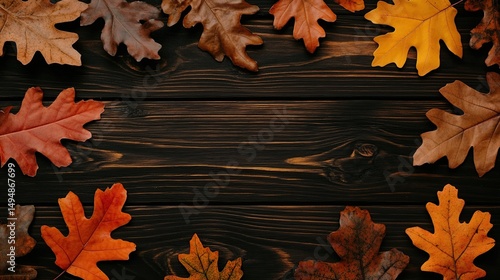Autumn leaves frame on wood background, fall, design