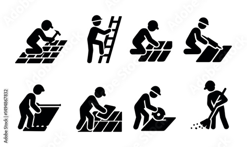 Construction worker silhouette icons set – flat, solid, building site symbols