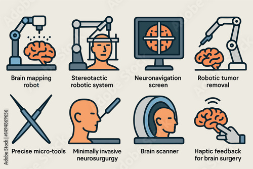 Brain surgery flat icons set – filled, medical, neurosurgery tools and devices