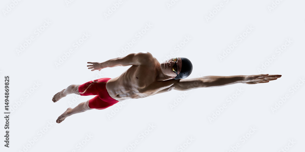 Obraz premium Focused male swimmer in red shorts, goggles and cap extending arm in freestyle pose, muscles tensed in suspended motion against white backdrop. Concept of sport, training, discipline, motion