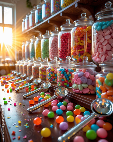 Candy store with jars of colorful sweets