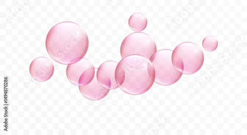 Transparent pink collagen bubbles isolated on white. Fizzy sparkling drops resembling bubble gum and carbonated drinks. Cosmetic essence of sweet beverage elements