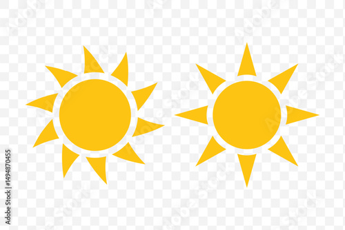 Sun vector set of two in yellow color on white background. Sun simple icons collection. Yellow sun icon set, sunshine and solar glow, sunrise or sunset. Vector illustration. EPS 10.