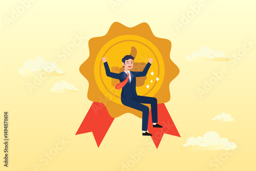 Happy businessman sitting on award winning medal thumbs up himself, self promotion, encouragement and motivate yourself for positive thinking and achieve success (Vector)