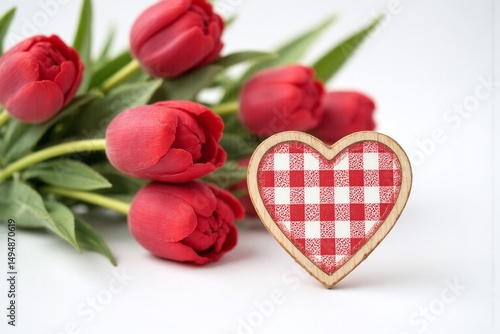 wooden heart with a red and white checkered pattern next to a bouquet of tulips