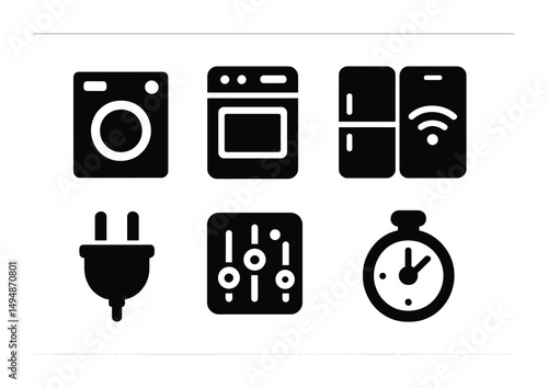 Home appliances solid icons set – filled, plug, timer, kitchen and utility symbols