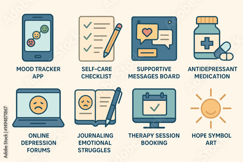 Mental health care flat icons set – therapy, wellness, digital support tools