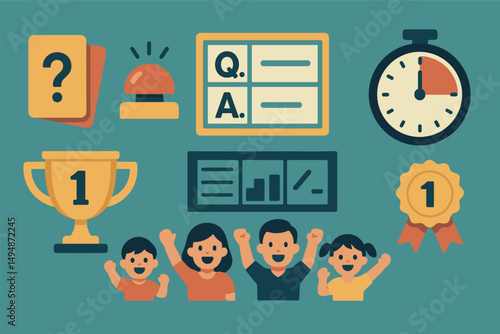 Quiz and competition flat icons set – games, awards, knowledge and trivia symbols