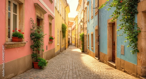 Wallpaper Mural Sunlit cobblestone lane, pastel-hued houses, vibrant flowers in window boxes Torontodigital.ca
