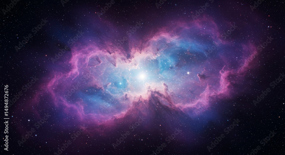 Fototapeta premium A vibrant nebula, swirling hues of pink and blue, radiate from a central, luminous core against a backdrop of distant stars
