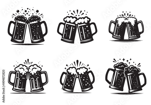 Beer mug Silhouette Set Black Vector White Background Illustration