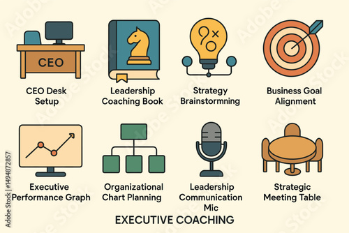 Executive coaching filled icons set – strategy, leadership, business tools