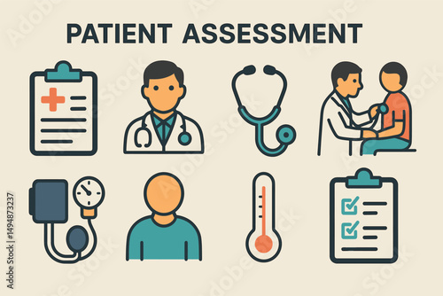 Patient assessment icons set - flat, healthcare, medical evaluation symbols