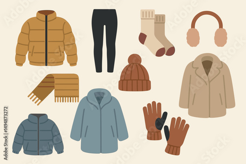 Winter clothing flat icons set – apparel, garment, and cozy wear symbols