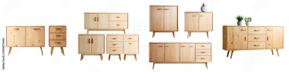 An assortment of sleek minimalist wooden cabinets dressers and shelving units designed for efficient home organization and contemporary interior style An assortment of sleek minimalist wooden cabinets dressers and shelving units designed for efficient home organization and contemporary interior style