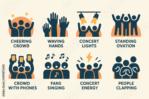 Concert and event icons set – flat, silhouette, music and celebration symbols