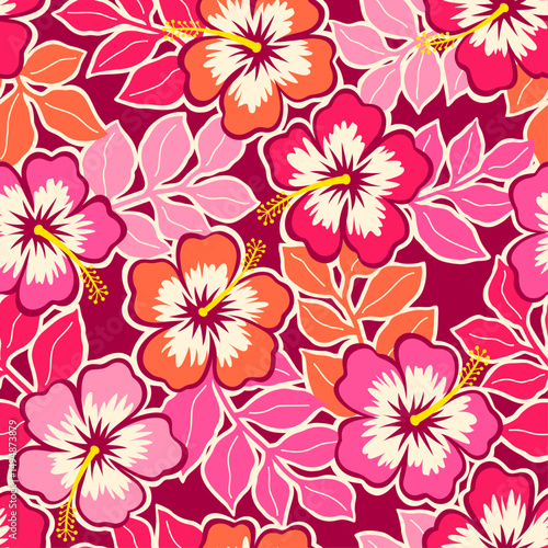 Pink hibiscus flower with tropical leaf seamless pattern design for summer holidays background.