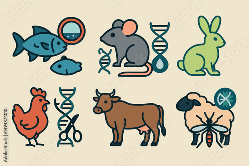 Genetic modification flat icons set – dna, animal, and biotech symbols