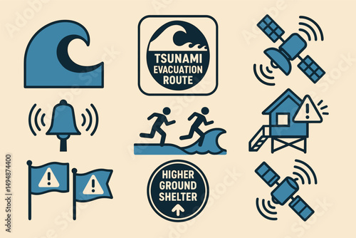 Tsunami warning flat icons set – solid, emergency, safety alert symbols