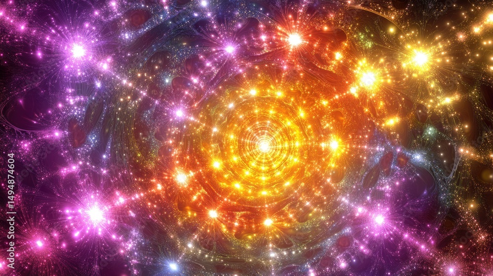 Naklejka premium Vibrant swirling nebula with radiant stars, creating a cosmic tunnel effect