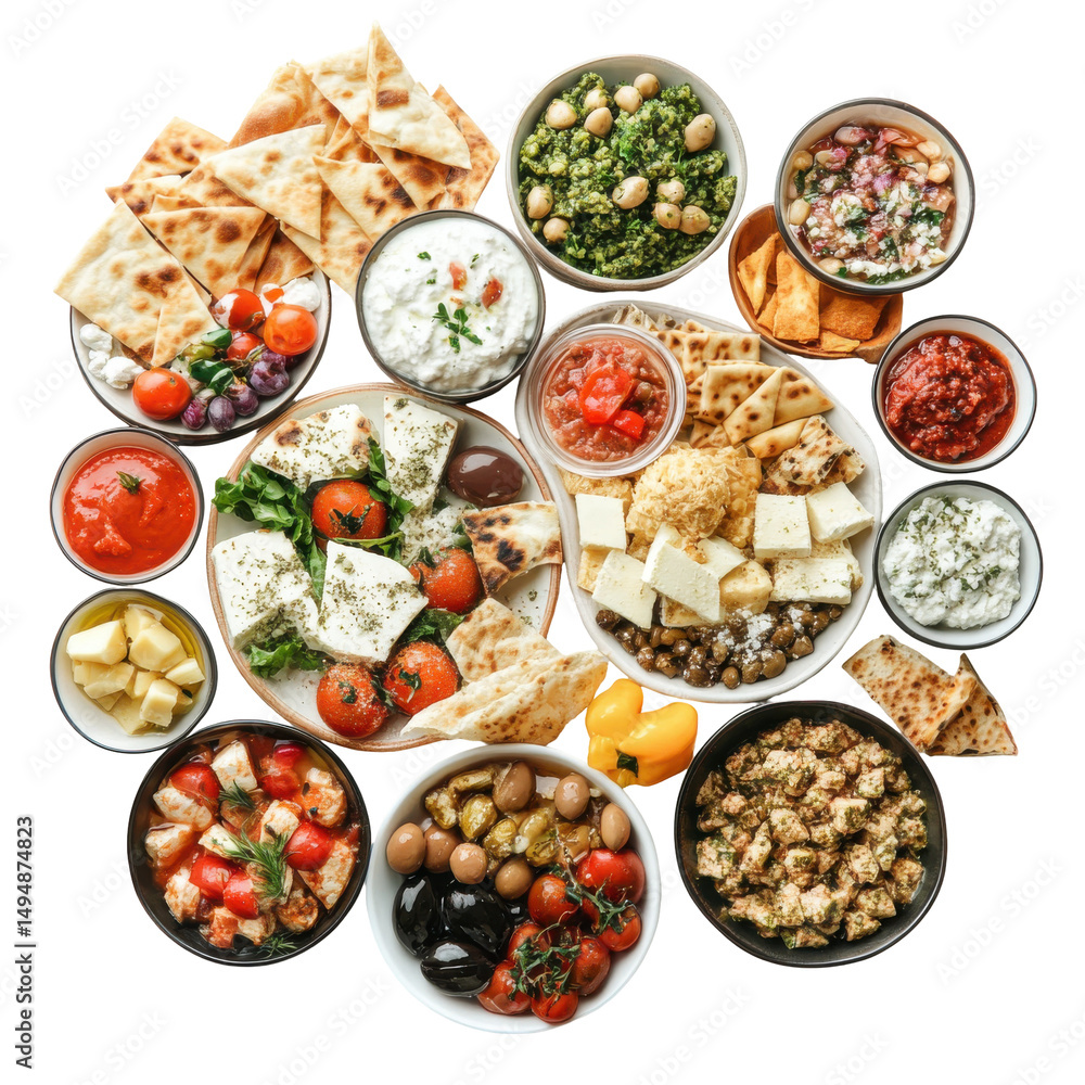 A vibrant assortment of Mediterranean appetizers including dips, cheeses, olives, and fresh vegetables arranged on a table setting. on transparent background A vibrant assortment of Mediterranean appetizers including dips, cheeses, olives, and fresh vegetables arranged on a table setting. on transparent background
