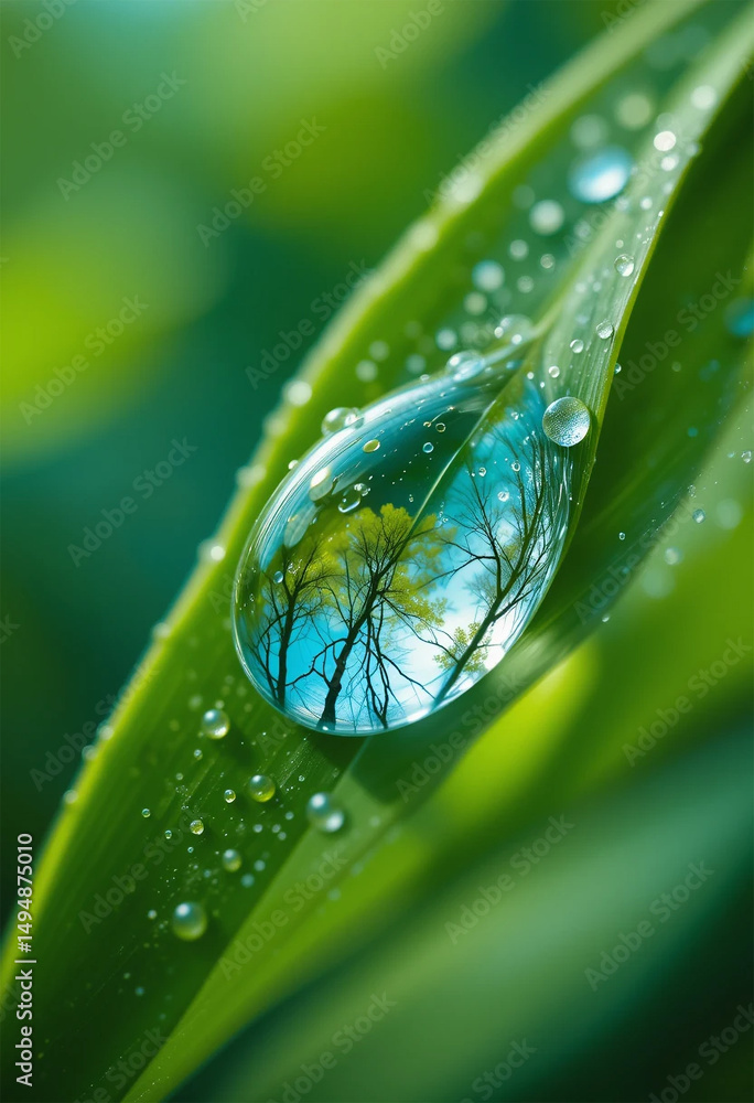 Fototapeta premium Large drop water reflects environment nature spring photography raindrops on plant leaf background image 