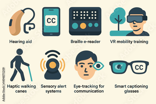 Assistive technology icons set – flat, accessibility, and adaptive tech symbols