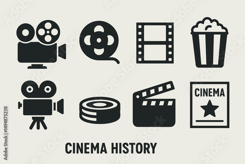 Cinema history icons set – silhouette, solid, film and movie symbols