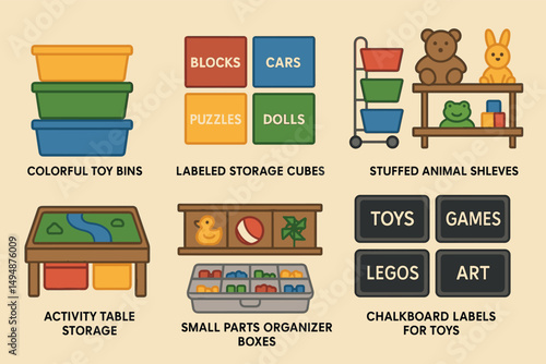 Toy storage flat icons set – organization, kids, playroom essentials