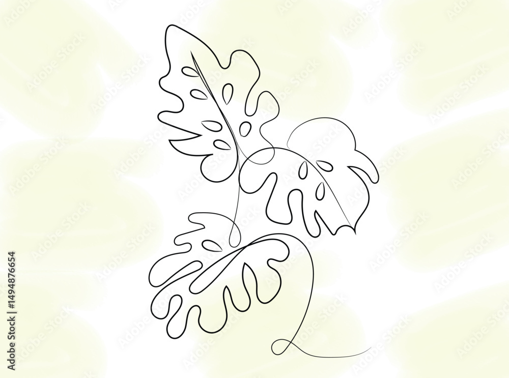 Obraz premium Elegant Continuous Line Drawing of Monstera Leaves on Pale Green Background
