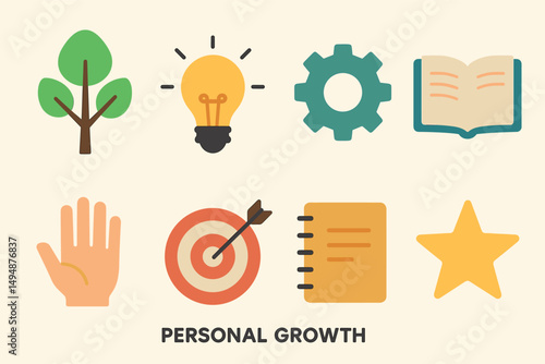 Personal growth icons set – flat, solid, self-improvement and motivation symbols