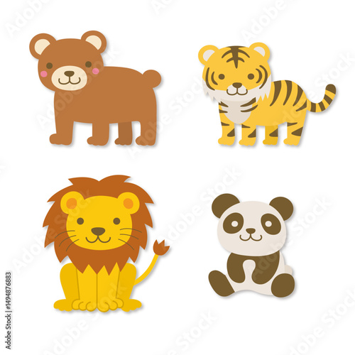 Whimsical Hand-Drawn Animal Set: Bear, Tiger, Lion, Panda in Playful Cartoon Style for Kids' Education & Nursery Art