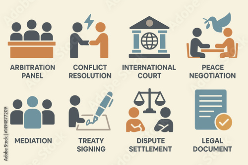 International law solid icons set – flat, filled, legal and treaty negotiation symbols