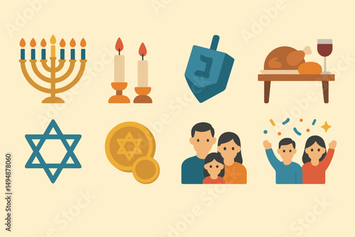 Hanukkah flat icons set – cultural, festive, jewish holiday symbols