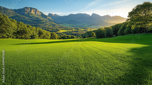 Tranquil countryside with broad green lawn and distant mountain silhouettes 