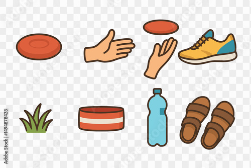 Frisbee game icons set – outline, sports, recreational activity symbols