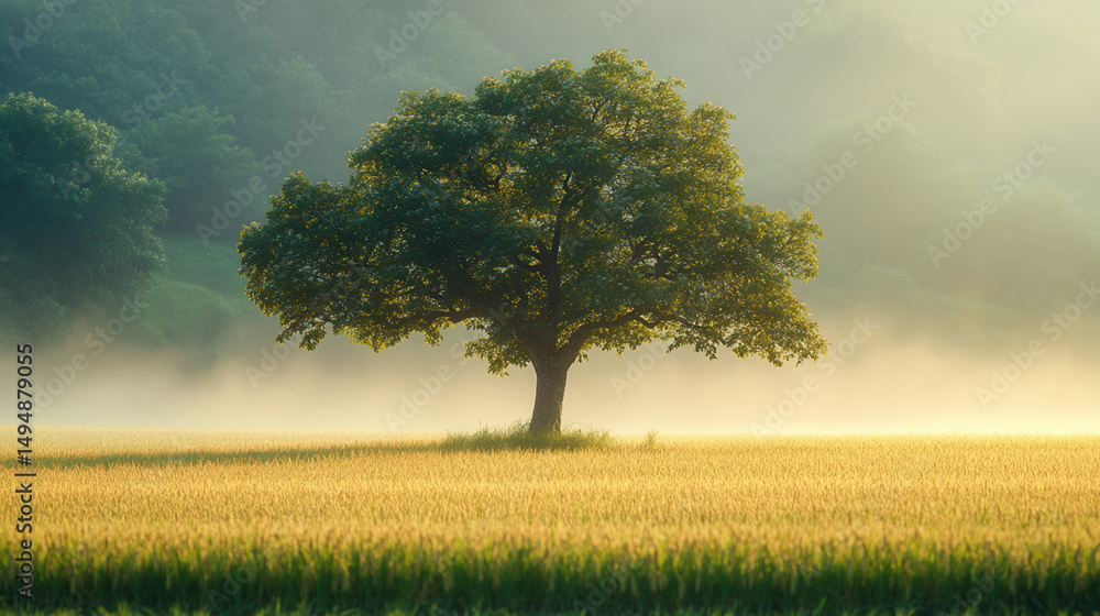 Fototapeta premium Lone tree standing in vast rice field at sunset