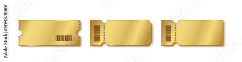 Gold ticket luxury vector pack. Blank event coupons, admission passes, discount vouchers. Elegant golden templates with perforation. Isolated PNG