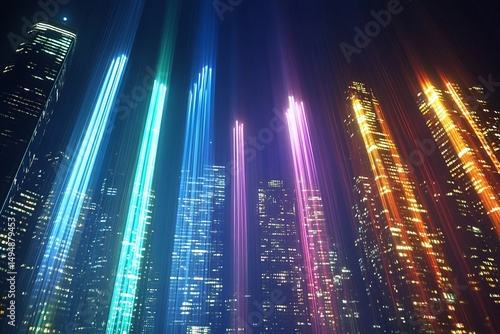 Futuristic city skyline features glowing skyscrapers with colorful lights at night creating a vibrant urban atmosphere