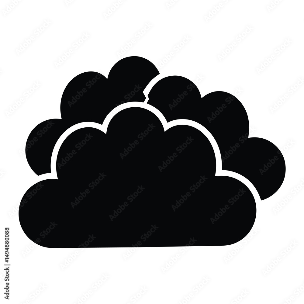 Black silhouette of a fluffy cloud with an outline against white background Black silhouette of a fluffy cloud with an outline against white background