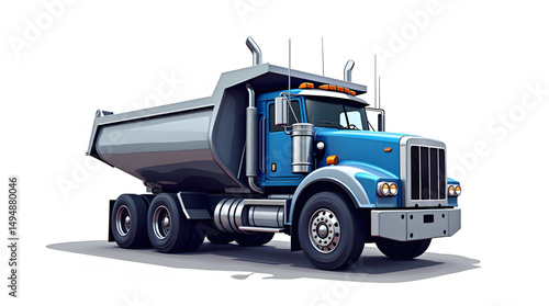 A heavy-duty dump truck, painted in a striking blue color, designed for industrial and construction purposes. The truck features a large. Vector design illustrator